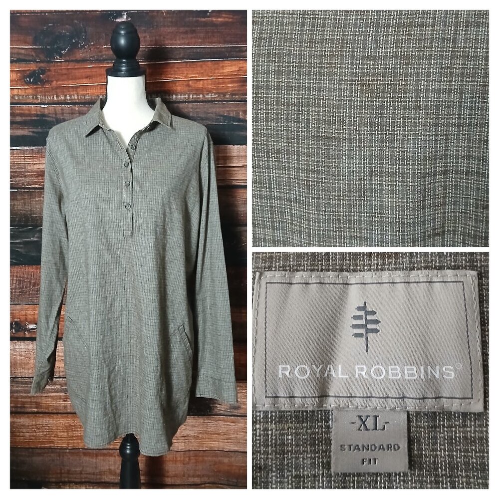 Royal Robbins Popover Tunic Top XL Hemp Blend Brown Checked
